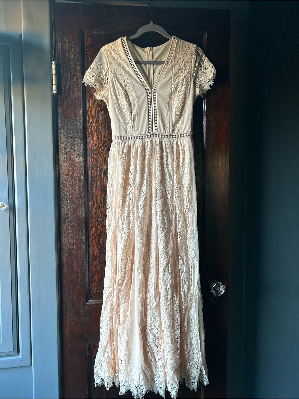Blencot Cream/Apricot/Blush Pink Lace Boho Maxi Dress with Scalloped Raw Hem